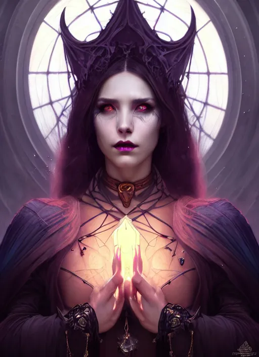 Image similar to a beautiful cinematic female Necromancer Sorceress, galatic shamen with Quantum energy fantasy, fantasy magic, undercut hairstyle, dark light night, intricate, elegant, sharp focus, illustration, highly detailed, digital painting, concept art, matte, art by WLOP and Artgerm and Greg Rutkowski and Alphonse Mucha, masterpiece