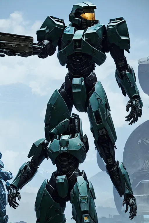 Image similar to cinematic still in destiny game and halo game and pacific rim movie and ps 5 game machine warrior 5, intricate ornate humanoid mecha warrior,