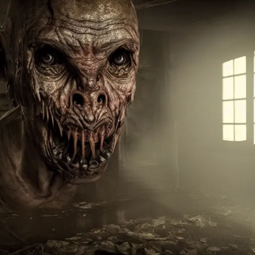 Prompt: creepy monster lurking in a dingy basement, 4 k, ultra realistic, highly detailed, epic lighting