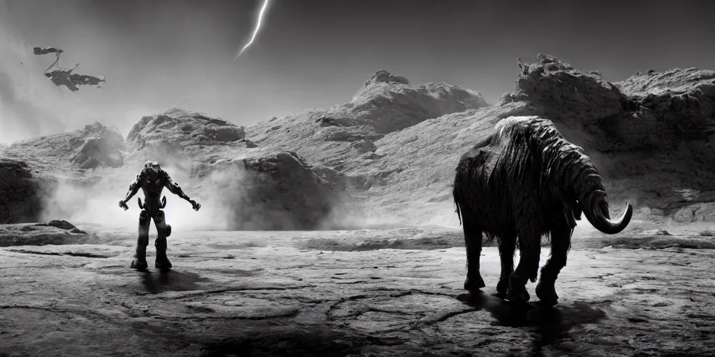 Image similar to a cyborg-mammoth standing in the middle of a milk lake on the Moon,Highly Detailed, Cinematic Lighting, rim light, hyper real, black and white, photo-realistic Unreal Engine, 8K