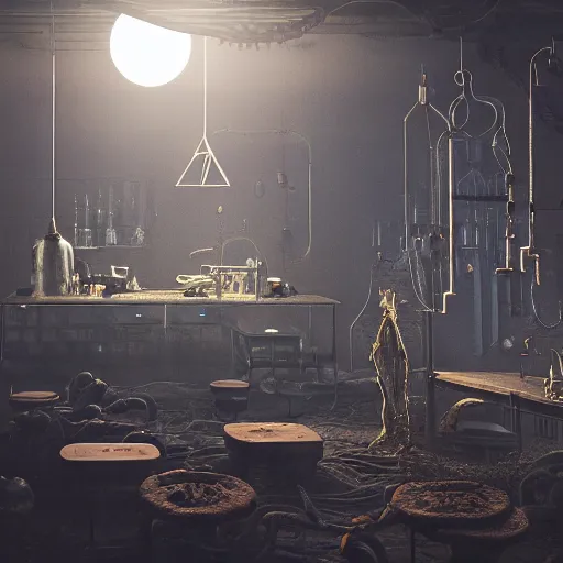 Image similar to of a industrial environmnet, alchemist's laboratory, sun roof with the moonlight lighting the room, messy tabletops, cages hanging from the ceilling with octopuses on them, mad scientist, frankenstein vibes, octane render, realistic, volumetric lighting, 4 k, 1 6 mm lens, f 2. 8, cinematic framing