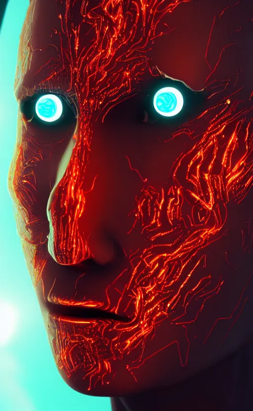 Image similar to an intricate, detailed face of a asian boy, skin made of electronic glowing circuits with laserbeams transporting energy, ferrofluids in background, unreal engine, trending on artstation, bladerunner 2049