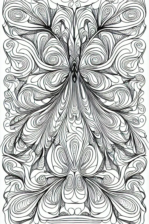 Image similar to mantis ornate luxury fractal ink drawing line art colouring page, vector, margins, fine lines, centered