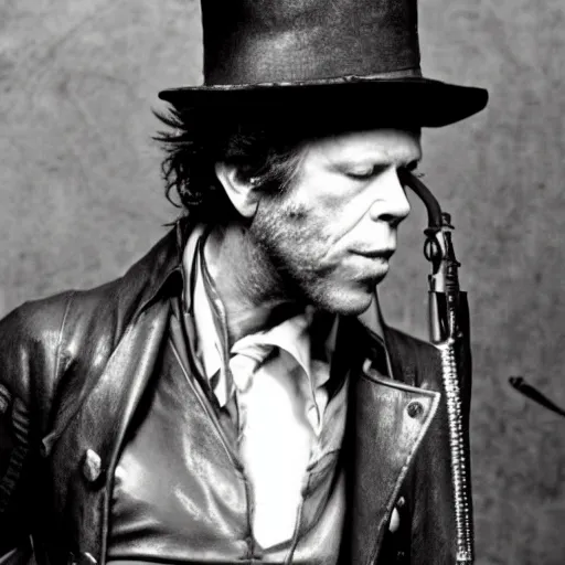 Prompt: Tom Waits as a steampunk air pirate warlord
