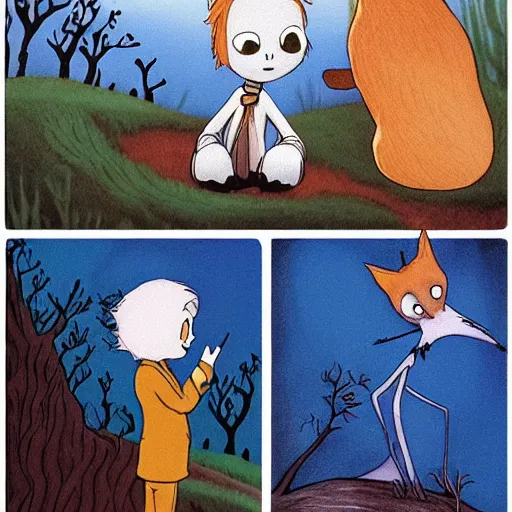 Image similar to the little prince talking to the fox, the nightmare before christmas art style, movie shot