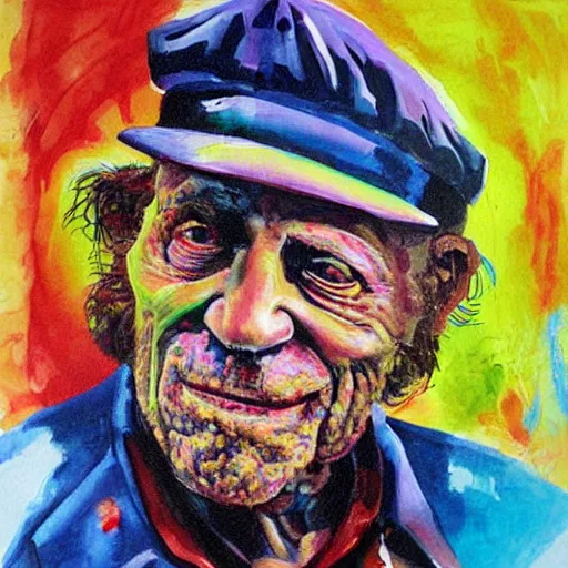 Prompt: colorful painting of wrinkly charles bukowski as a sailor, intrinsic details, joyful