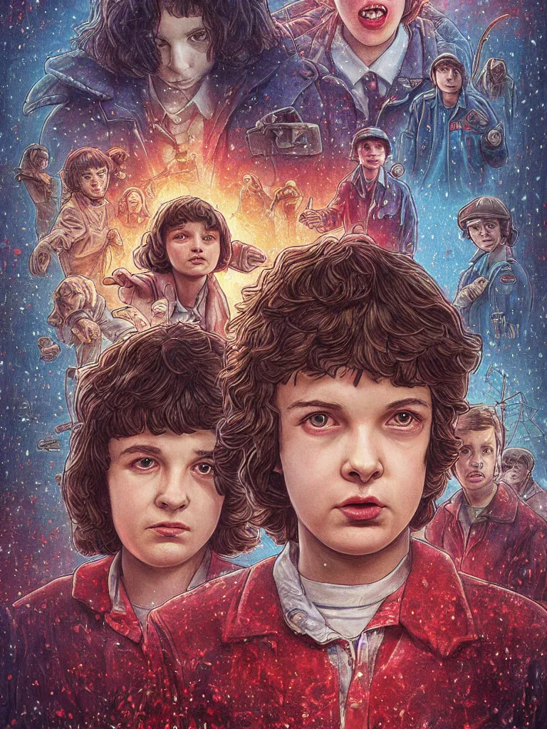 Prompt: A new Stranger Things poster, a detailed painting featuring Finn Wolfhard (Mike Wheeler) from Stranger Things turned on his back floating around being surrounded by red dust from the series, spiders crawling out of the ground, rain, fear, Andrew Ferez traits, cg society, fantasy art, biomorphic, mystical, whimsical, 8k