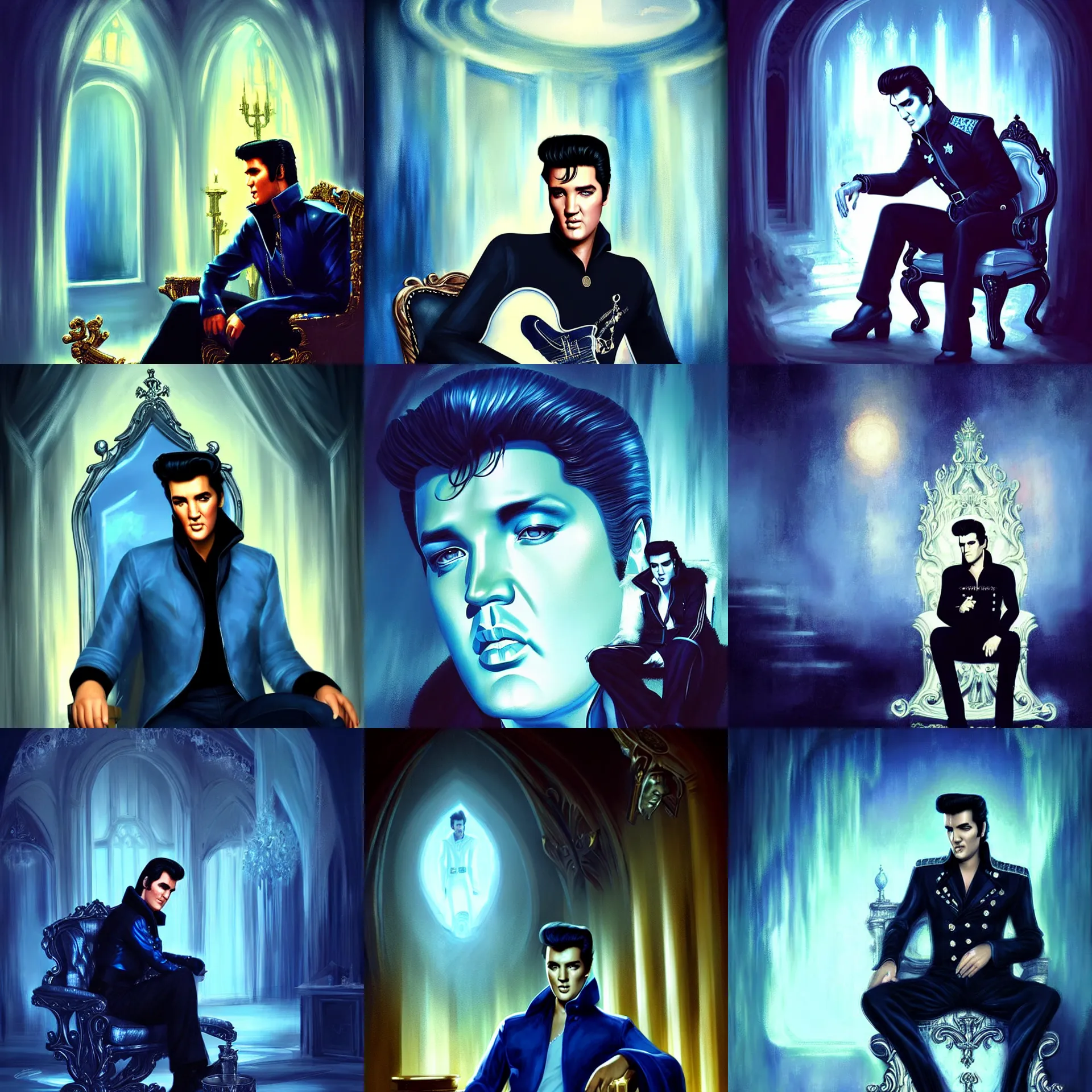 Prompt: elvis presley sitting on his throne in his castle, atmospheric lighting, blue reflective eyes, nice composition, art inspired by charlie bowater