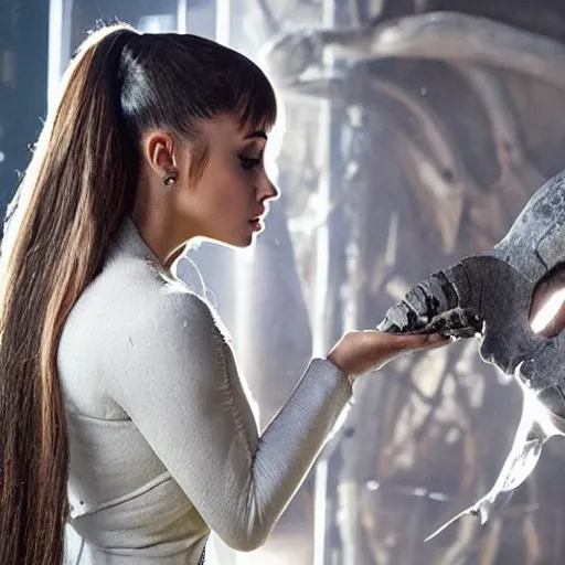 Image similar to ariana grande holding an ancient dinosaur skull in the movie interstellar