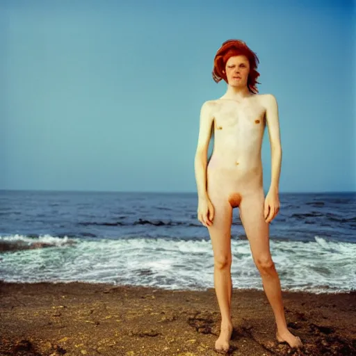 Image similar to portrait photography of a beautiful ginger model with bright blue eyes standing in front of ocean, Joel Meyerowitz, 35mm, kodak film photo