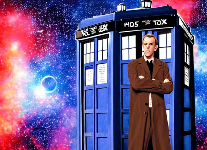 Image similar to product photo still of vhs cover of hugh laurie as doctor who in front of a nebula through the open door of the tardis printed on a vhs box on a table