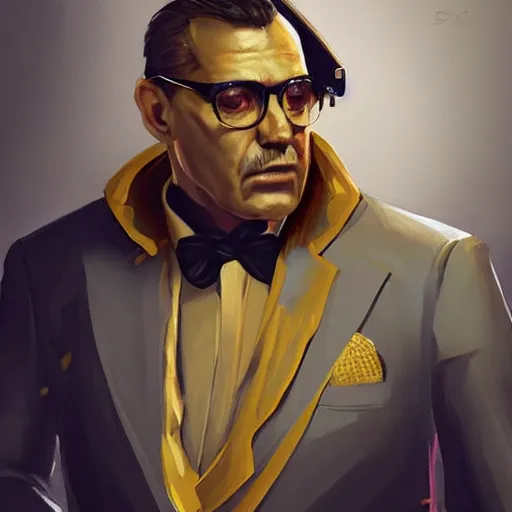 Image similar to “A portrait of a mafia boss in a golden suit, D&D sci-fi, artstation, concept art, highly detailed illustration.”