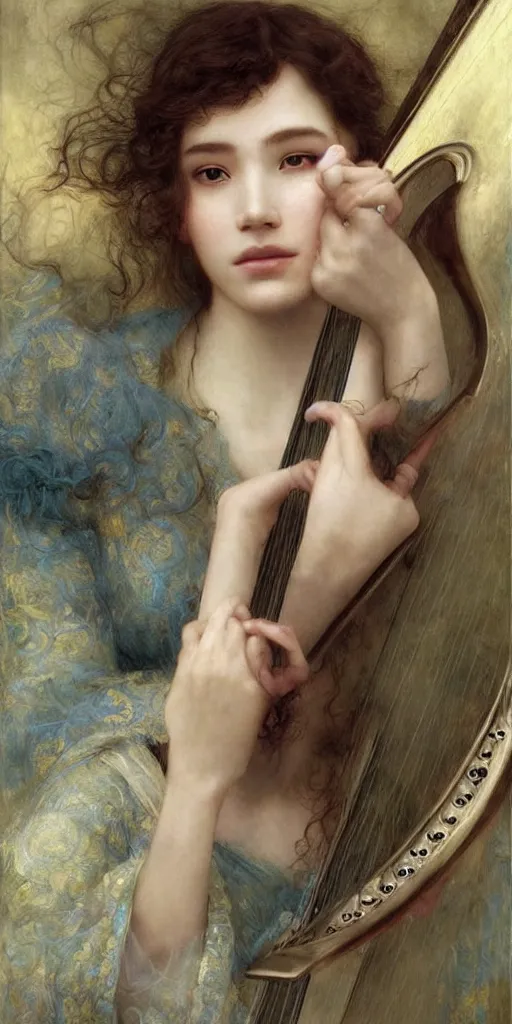 Image similar to masterpiece of a shy delicate elf bard, playing on a harp, followed by a shadow, beautiful face and flawless skin, perfect hands by Edgar Maxence and Ross Tran and Michael Whelan