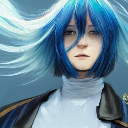 Image similar to profile shot of rimuru tempest averting his gaze, sky blue hair, straight hair, pretty, long bangs, amber eyes, black jacket with white stripes, a high frilly collar | highly detailed, unreal engine 5, digital painting, concept art, cinematic, wlop | artgerm, pixiv, ilya kuvshinov, greg rutkowski