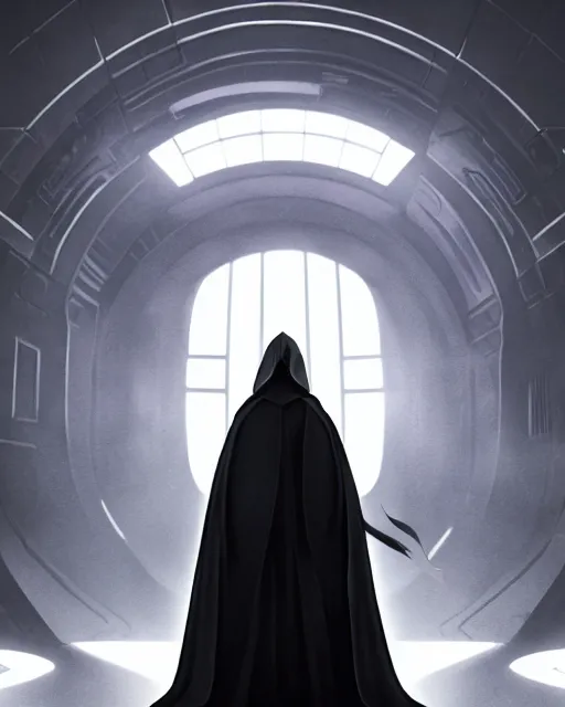 Prompt: half body shot, beautiful woman dark lord of the sith wearing a hooded jedi cloak, standing in deathstar hallway, rim light, volumetric lighting, digital painting, artstation, concept art, smooth, sharp focus, illustration, art by arney freytag, glamour pose, greg rutkowski, soft ambient lighting, particle effects