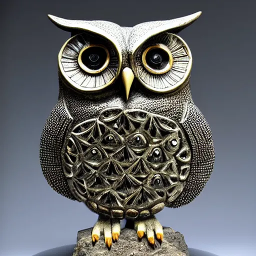 Prompt: symmetrical detailed sculpture of an owl, made of Pyrite