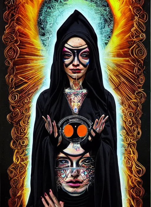 Image similar to beautiful tripping cult magic psychic woman, subjective consciousness psychedelic, epic occult ritual symbolism story iconic, dark robed witch, oil painting, robe, symmetrical face, greek dark myth, by Sandra Chevrier, Johanna Martine, masterpiece