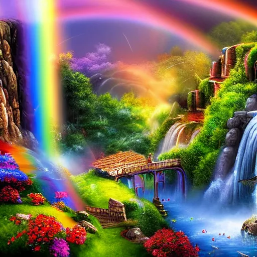 Image similar to fantasy world under the rainbow with terraced landscape and waterfalls beautiful detailed painting 4 k