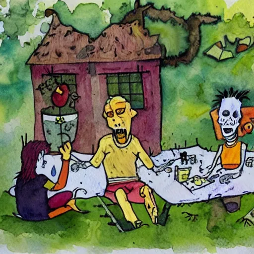 Image similar to watercolor painting of zombie picnic in the style of A. A. Milne