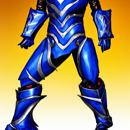 Image similar to High Fantasy Kamen Rider, blue armor with red secondary color, 4k, glowing eyes, daytime, rubber suit, dragon inspired armor, Guyver Dark Hero armor