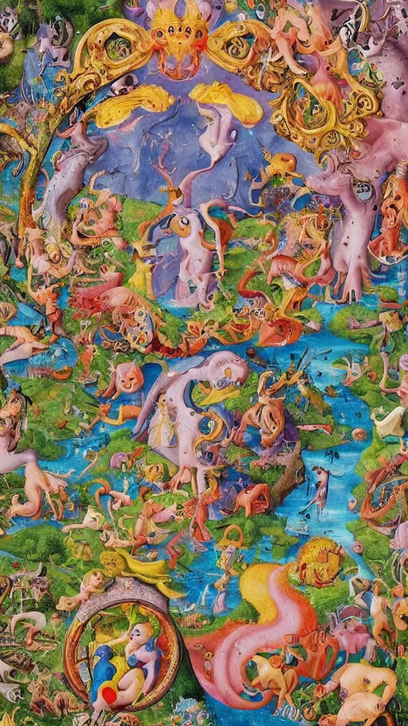 Image similar to an incredibly detailed masterpiece collaborative painting by bosch and lisa frank, ornate, detailed, high resolution, wow!, intricate