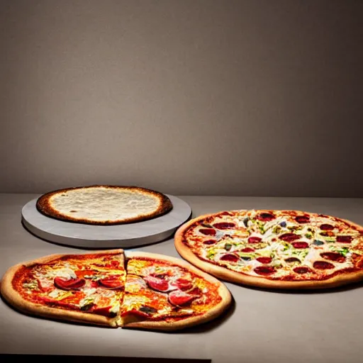 Prompt: a pizza and a roman pinsa side by side,studio lighting