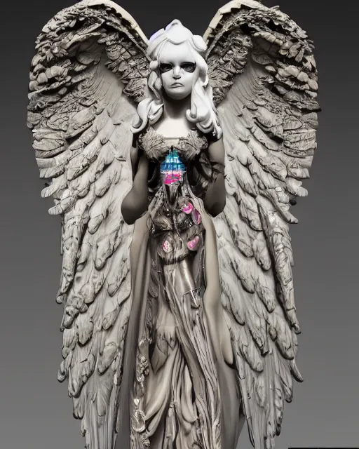 Image similar to angel of death by billelis, ivory rococo frontal view, gothic decor room,beautifully lit, hyper detailed, lighting, neon, 4k, micro details, 3d sculpture, structure, 30% pearlescent detailing + punk + magical + symmetrical