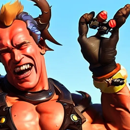 Prompt: a screenshot of arnold schwarzenegger as junkrat in overwatch