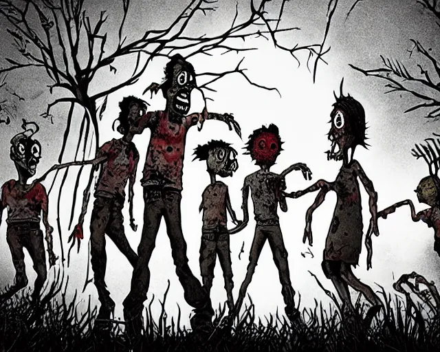 Prompt: still from the animated movie “the walking dead” by dr Seuss, horror