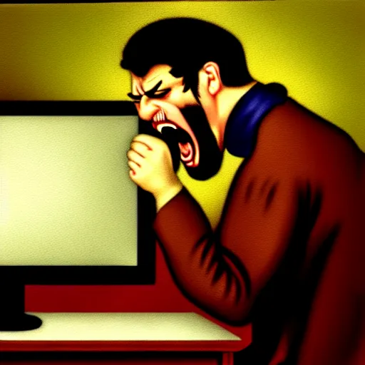 Image similar to an angry man yells at his computer monitor, oil on canvas, 1 8 8 3, highly detailed