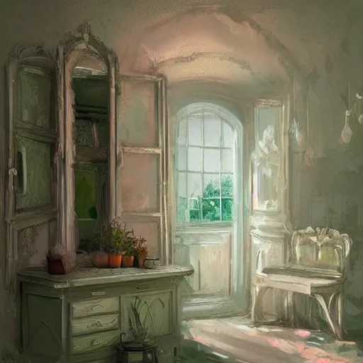 Image similar to beautiful digital matte painting of a whimsical botanical shabby chic dressing room by greg rutkowski and edward hopper, artstation, behance hd - h 7 6 8