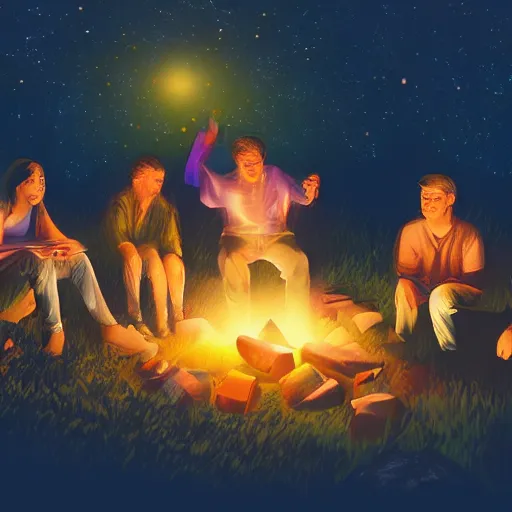 Prompt: friends sitting around a campfire and burping up iridescent fireflies. Fantasy, high resolution.