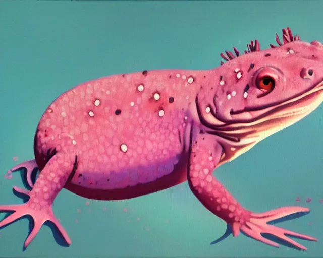 Image similar to a guy billout painting of an axolotl