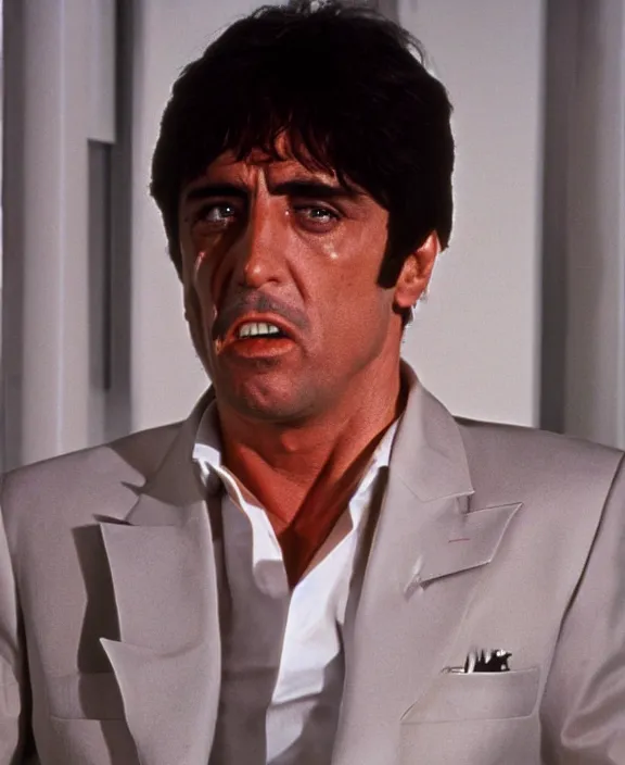 Image similar to full body portrait. tony montana from movie scarface 1 9 8 3. al pacino, perfect symmetric face, coherent eyes, fine details., 4 k, ron cobb. cinestill