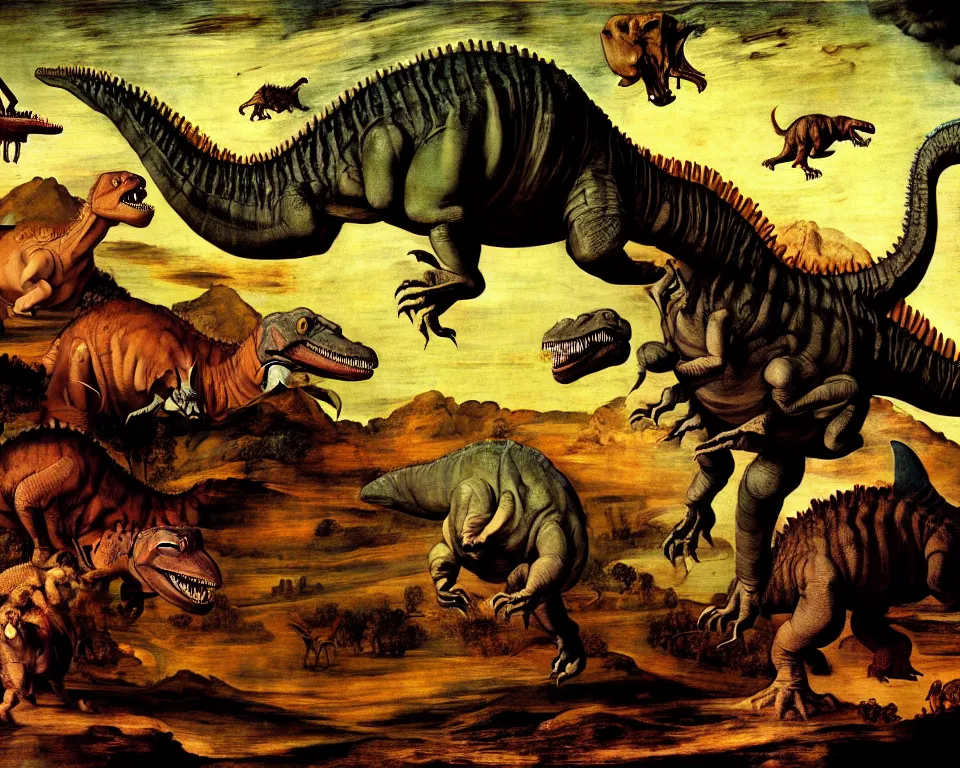 Image similar to the extinction of the dinosaurs by Raphael, Goya, and Tintoretto. detailed, trending on artstation.