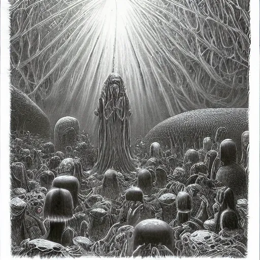 Prompt: a hyperrealistic painting of an alien god preaching to a congregation of small furry creatures in the middle of an alien jungle, bioluminescent plants, by john kenn mortensen and zdzislaw beksinski, highly detailed, vivid color,