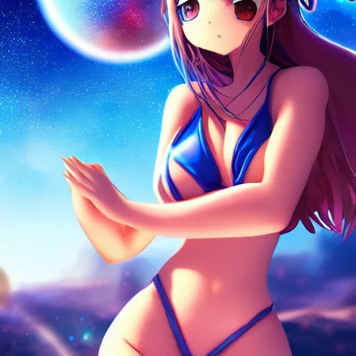 Image similar to An anime girl in bikini holding and terraforming a planet on her hands, unfocused background milkyway galaxy stars universe, wide-shot, high detail, 4k, digital art, artstation, 8k, very detailed