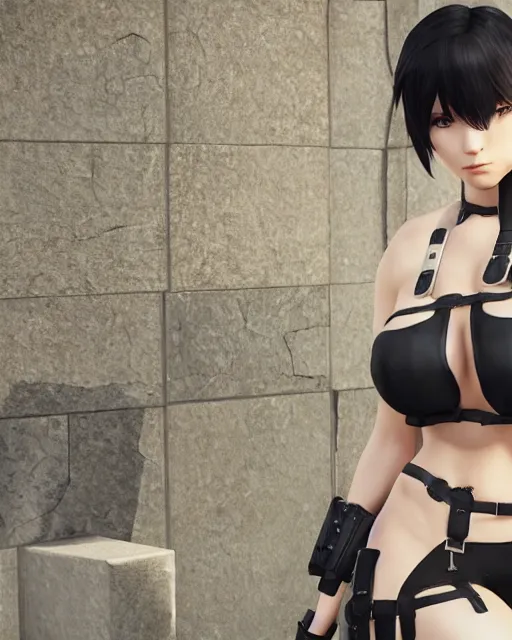 Prompt: unreal engine screenshot of 2B from Nier Automata and with slender body type and prominent ceramic hex tile armor plates wearing wearing a bikini, unreal engine, 8k