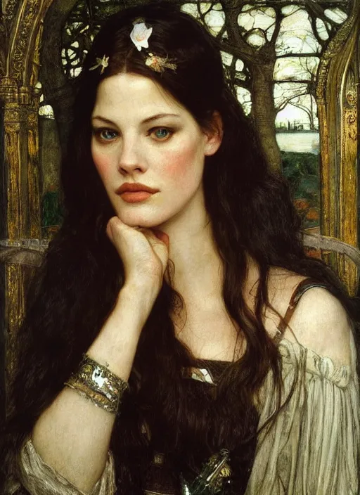 Image similar to a beautiful painting of liv tyler as arwen by John Everett Millais and Dante Gabriel Rossetti and John Collier and john william waterhouse, pre-raphaelite, detailed, trending on artstation, hd, masterpiece