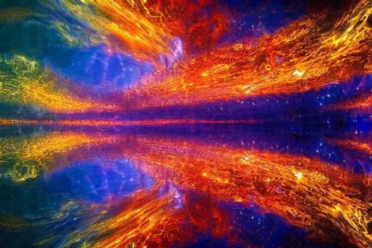 Image similar to Beautiful impressionistic painting, of fractal cosmic lights, water reflection, intricate details, high quality, 8k, wide lens atmospheric photo, color grading !dream