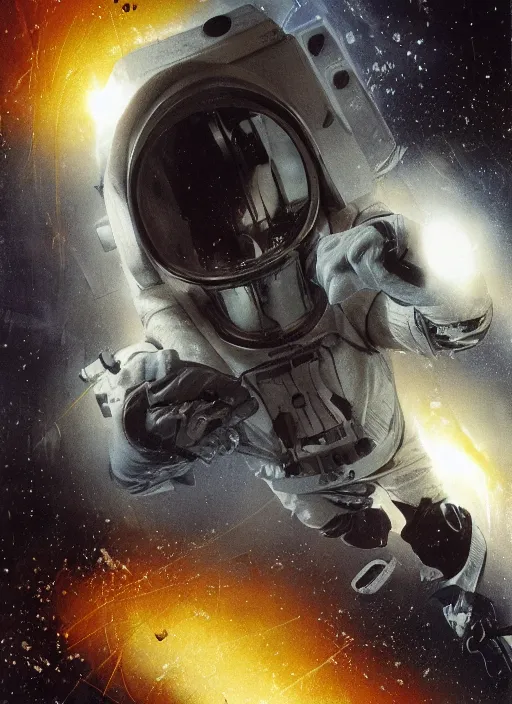 Image similar to astronauts in dark and empty void underwater - complex and hyperdetailed technical suit. reflection and dispersion materials. rays and dispersion of light. volumetric light. 5 0 mm, f / 3 2. noise film photo. flash photography. ultra realistic, wide angle. poster by wayne barlowe, hajime sorayama aaron horkey, craig mullins