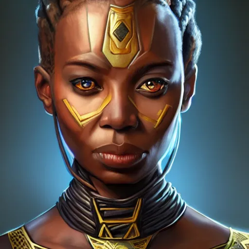 Image similar to beautiful, very strong, wakanda warrior woman, middle aged, face, no makeup, no tattoos, warrior, battle hardened, head shot, fantasy, highly detailed, digital painting, artstation, concept art, smooth, sharp focus, illustration, art by jodie muir and brom