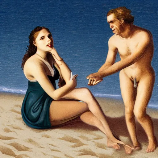 Image similar to Friedrich Nietzsche flirting with a girl at the beach, photorealistic, detailed and realistic faces, 8k,