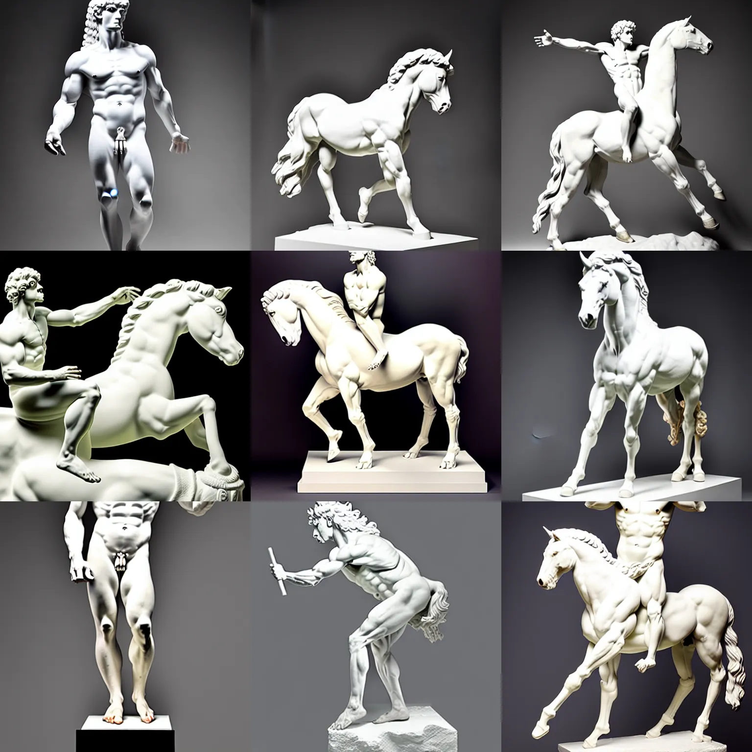 Prompt: studio photo of a white greek statue of a centaur, human horse chimera hybrid, centaur, chiron
