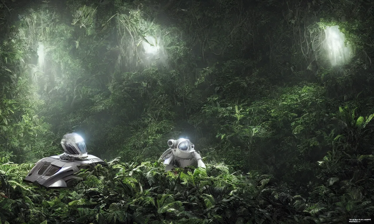 Image similar to Astronaut prometheus spaceship crashed in jungle , deep in the tropical rain forest ,wide angle low cinematic lighting atmospheric realistic octane render highly detailed in he style of craig mullins, full hd render 3d octane render unreal engine 5 Redshift Render Cinema4D C4D Rendered in Houdini Houdini-Render Blender Render Cycles Render OptiX-Render Povray Vray CryEngine LuxCoreRender MentalRay-Render Raylectron Infini-D-Render Zbrush DirectX Terragen Autodesk 3ds Max After Effects 4k UHD immense detail interdimensional lightning + studio quality enhanced quality