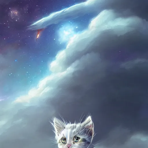 Image similar to a single cartoonish kitten dressed as Gandalf floating in space, bright stars, anime, a fantasy digital painting by Greg Rutkowski and James Gurney, trending on Artstation, highly detailed