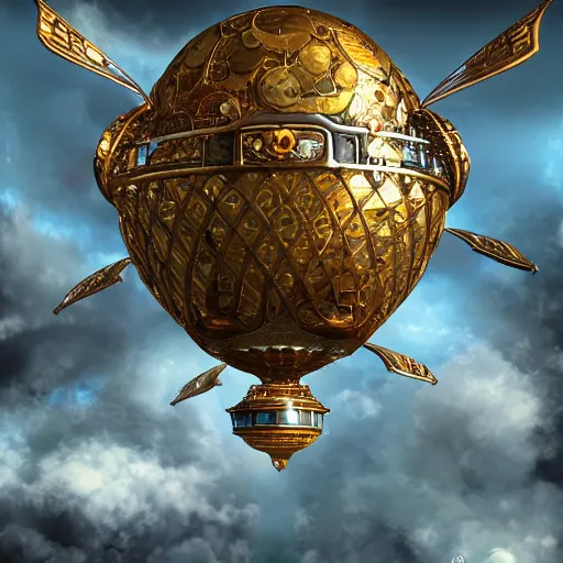 Prompt: enormous flying city in a faberge egg encircled by giant metallic petals, cloudy sky background, steampunk, fantasy art, masterpiece, unreal engine