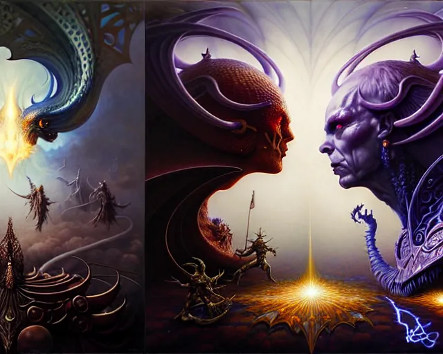 Image similar to the battle between good and evil, fantasy character portrait made of fractals facing each other, ultra realistic, wide angle, intricate details, the fifth element artifacts, highly detailed by peter mohrbacher, hajime sorayama, wayne barlowe, boris vallejo, aaron horkey, gaston bussiere, craig mullins