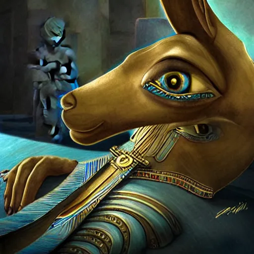 Image similar to anubis, egyptian art, lying in bed, with eyes closed, sparkles all around, fantasy digital art, wow, stunning, hight quality