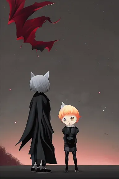 Image similar to little boy with cat ears in an black outfit with red cape. digital artwork made by lois van baarle and kentaro miura, sharpness focus, inspired by hirohiko araki, anatomically correct, heroic composition, hero pose, smooth, night city, hd